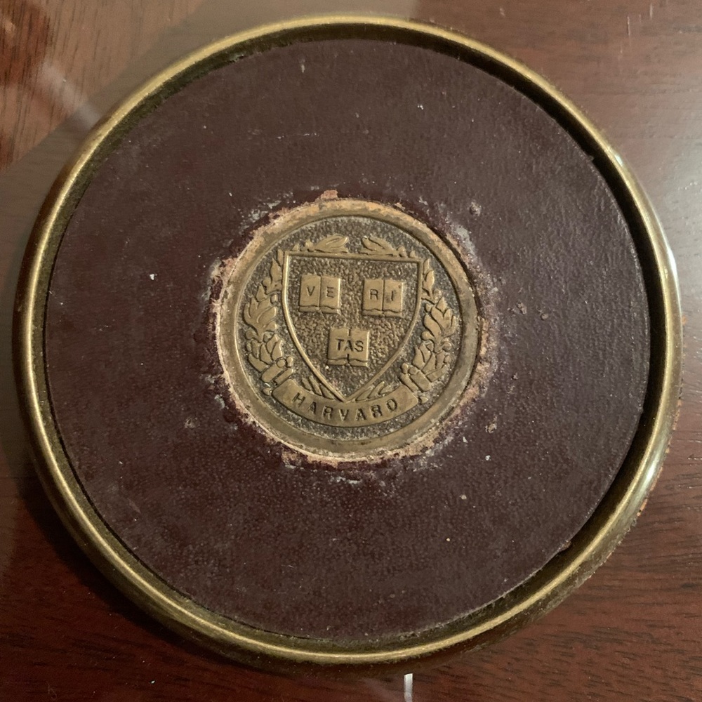 Vintage Harvard brass leather coaster